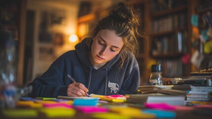 Young Woman Writing Notes at Desk with Books and Sticky Notes