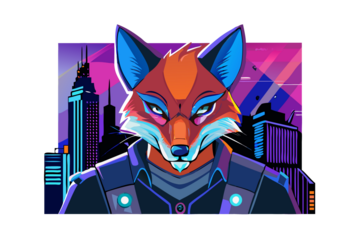 Stylized anthropomorphic fox character in a futuristic city at night with neon lights
