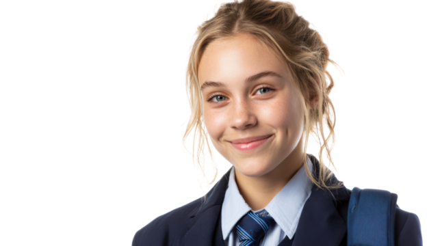 Happy student smiling with a backpack, wearing a school uniform, isolated on a white background. - Powered by Adobe