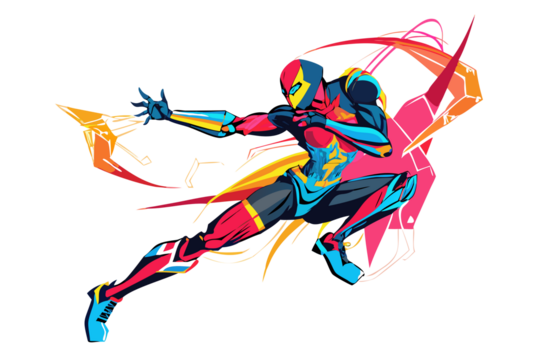 Dynamic abstract illustration of a superhero in a powerful action pose with vibrant colorful paint splashes against a black background
