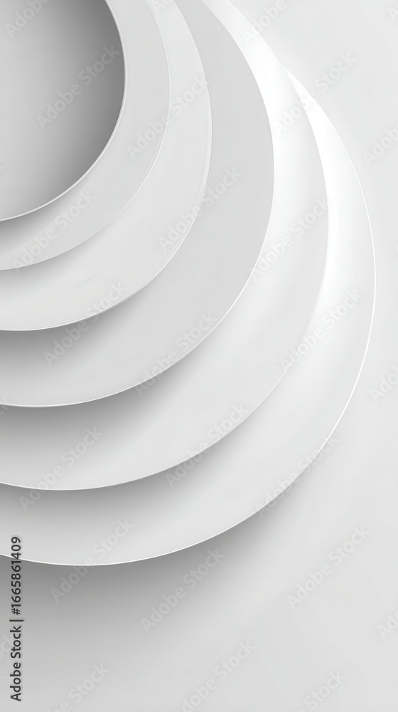 Poster intertwined circular shapes in shades of white create a visually appealing 3d effect against a clean