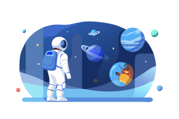 Astronaut exploring a vibrant alien planet with multiple moons and spacecraft in the distance