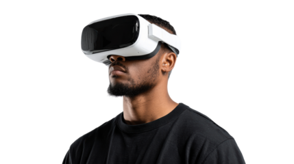 Man wearing virtual reality headset, white isolate background