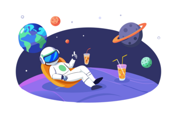 Astronaut relaxing in a futuristic lounge chair in outer space with planets and drinks