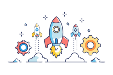 Three cartoon rockets launching into space with gears and stars on a black background