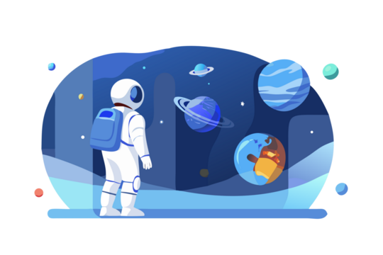 Astronaut exploring a vibrant alien planet with multiple moons and spacecraft in the distance