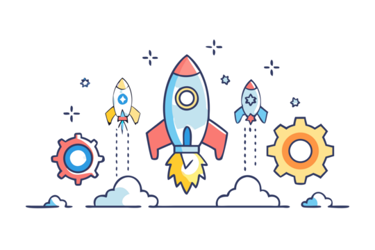 Three cartoon rockets launching into space with gears and stars on a black background