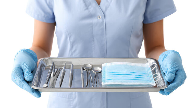 Medical tray with surgical tools and a face mask on a white isolate background.