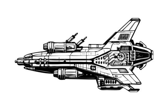 Detailed illustration of a futuristic spacecraft with intricate mechanical details against a black background