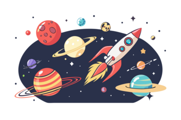 Colorful cartoon rocket ship blasting through a vibrant galaxy with planets and stars