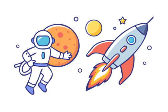 Cute cartoon astronaut floating in space next to a rocket ship and planets