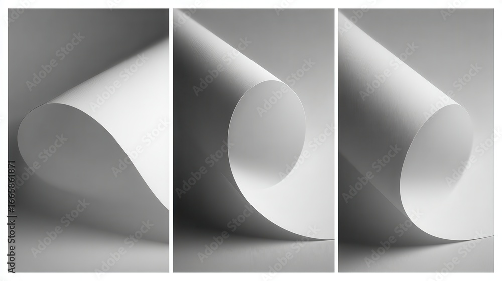Poster white paper rolls forming geometric abstract shapes on gray backdrop, soft studio lighting highlight