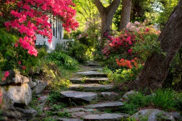 Shady garden path lined with vibrant azaleas