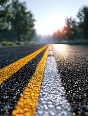closeup view of an empty asphalt road with bright white dashed center line and solid yellow edge lines stretching into the distance surrounded by blurred greenery