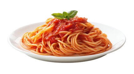 Pasta dish with tomato sauce and basil on a white plate, isolated on white background.