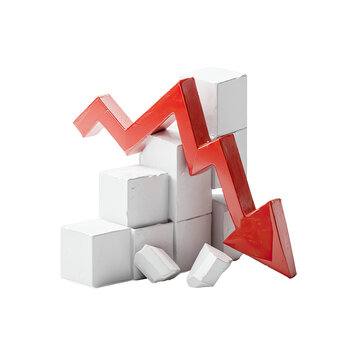 Red down arrow crashing a block structure, symbolizing financial decline