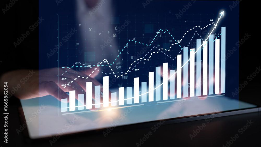 Poster this image showcases a modern digital workspace featuring a tablet screen with virtual graphs and da