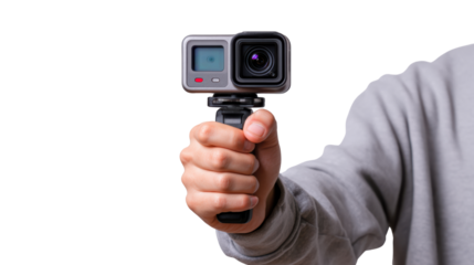 Person holding an action camera, ready to capture exciting moments in various activities.