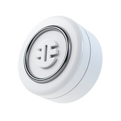 White 3D round button with metallic trim and a stylized 'E' symbol