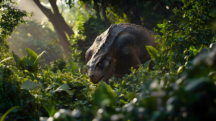 Jurassic Era Prehistoric Dinosaur In Lush Green Jungle
