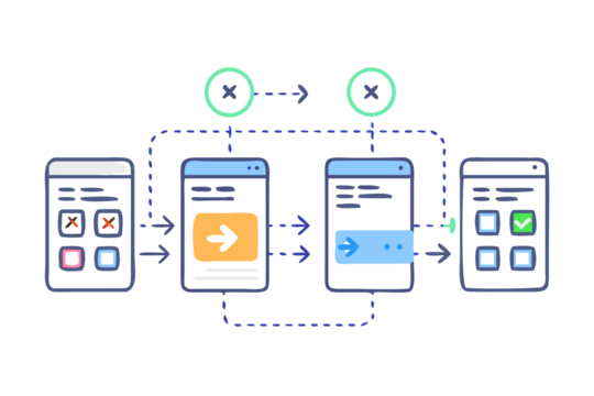 User interface flow diagram showing app development and user experience design process