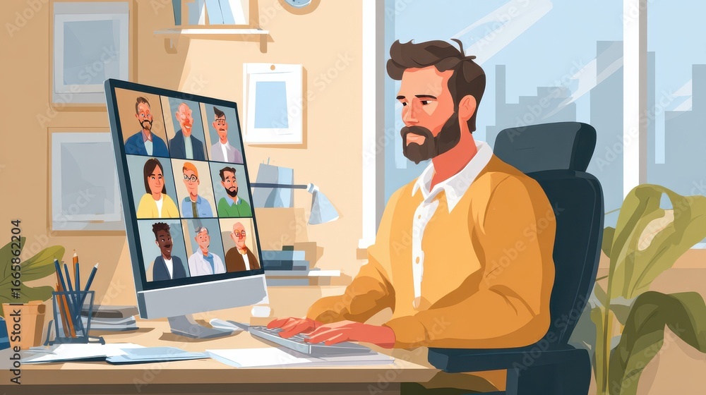 Poster business man having virtual team meeting on video conference call using computer social distance emp