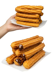 Photo of Golden Churros Stacked on White Paper with a Hand on Isolated Black Background