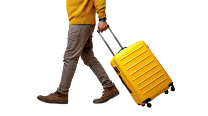 Person walking with a yellow suitcase, isolated on a white background.