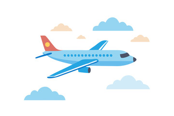 A modern passenger airplane flying through a dark sky surrounded by fluffy clouds