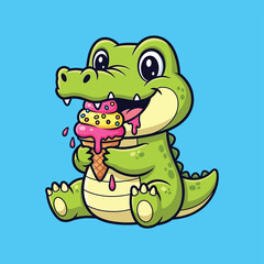Obraz premium Cute Cartoon Crocodile Eating Ice Cream Vector illustration