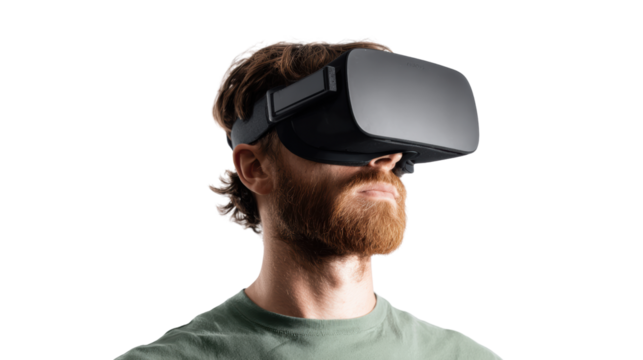Person wearing virtual reality headset, isolated on white background.