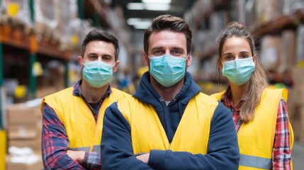 group of workers with face mask working indoors in warehouse coronavirus concept no logos no brands ar 169