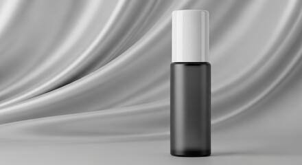 Obraz premium Elegant black bottle with white cap on silky background.