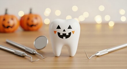 Happy Halloween tooth with dental tools and pumpkins inspires fun dental care