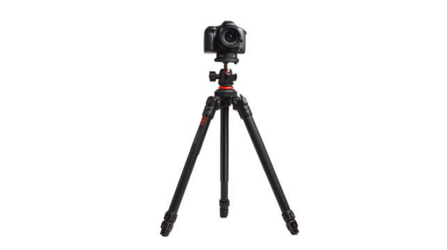 Professional camera on tripod with white isolate background.