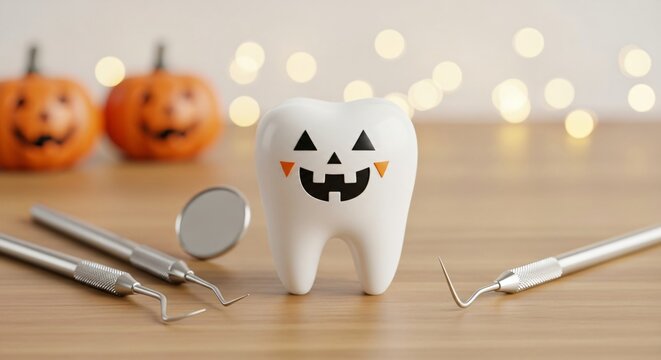 Happy Halloween tooth with dental tools and pumpkins inspires fun dental care