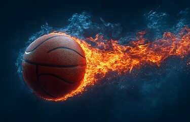 Fototapeta premium Basketball engulfed in fiery orange flames and blue smoke on dark background sport game