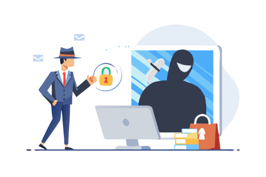 Cybersecurity hacker stealing personal data from a laptop and tablet screen