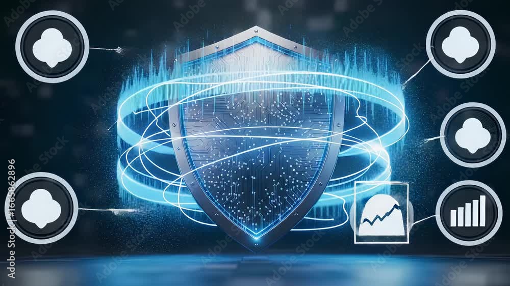 Poster digital security shield with glowing data waves and modern technology elements