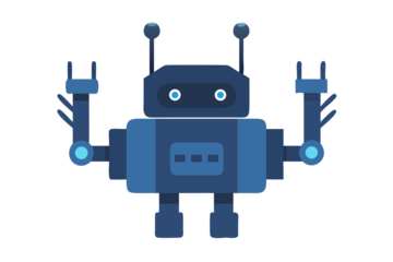 Friendly blue robot with glowing blue accents and antennas on a black background