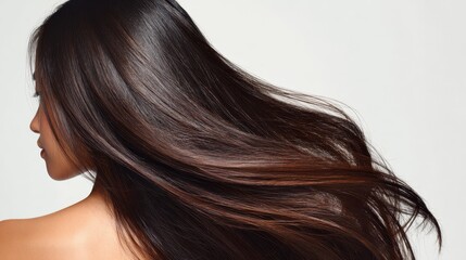 Dark haired asian woman facing away, shoulders exposed, sleek hair cascading down her back against soft gray background, highlighting natural beauty and hair wellness