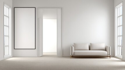 Minimalist Bright Living Room with White Sofa and Large Windows