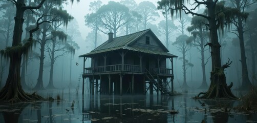  Run Down Swamp Shack with Misty Waters