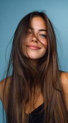 Fototapeta premium Studio portrait featuring beautiful young woman, long brown hair softly moving, serene smile against vibrant blue background