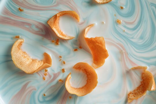 closeup of bright tangerine peels and citrus zest fragments on colorful marble pattern background concept of food art wellness design and modern culinary creativity