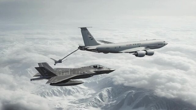 F-35 Lightning II Fighter Jet Undergoing Aerial Refueling from a KC-135 Stratotanker over