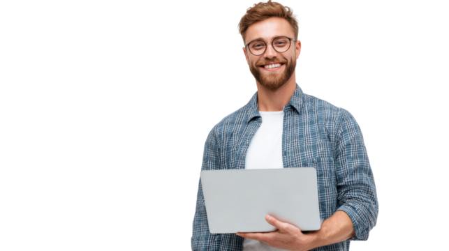 Smiling man holding laptop, looking at camera, casual attire, isolated on white background.