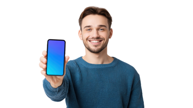 Smiling man holding smartphone with blank screen, white isolate background.