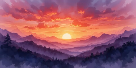 Obraz premium Sunset Watercolor Serenity A Peaceful Background with Warm Hues, Gradient Skies, and Evocative Landscapes