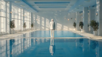 senior man standing by the indoor swimming pool no logos no brands ar 169